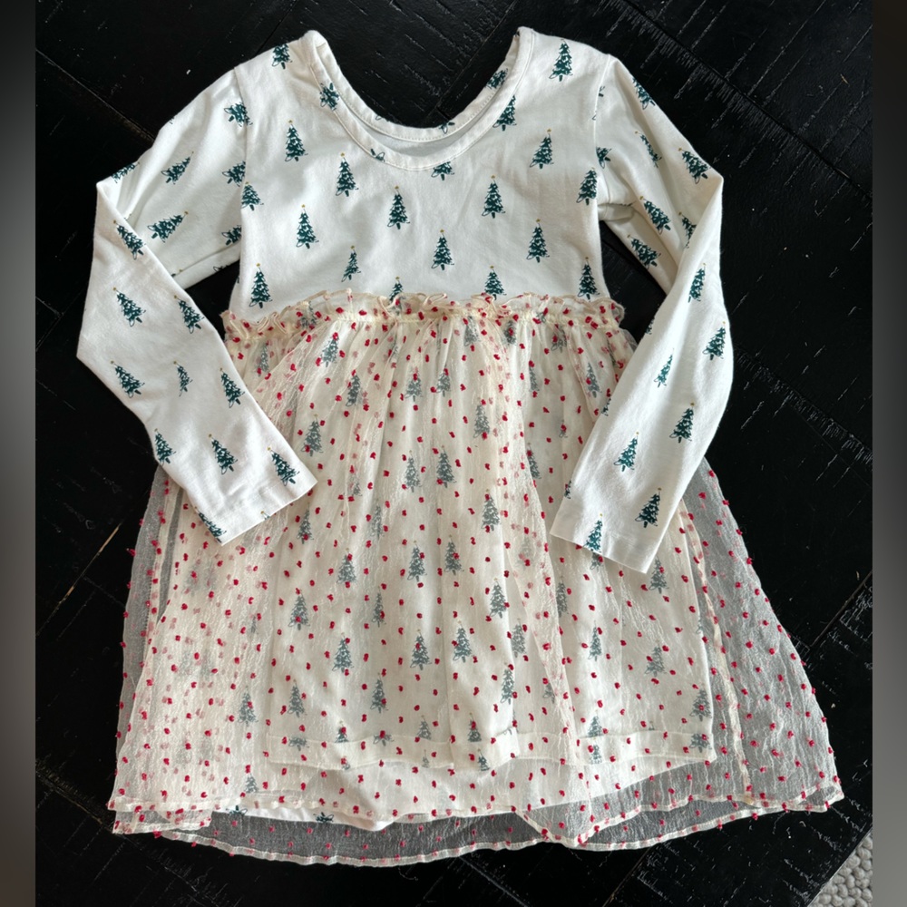 Girls Christmas Dress, Size 10, Hanna Anderson, Trees, Green, Red, Tulle skirt